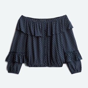 Sanctuary NWT Gloriana Off-The-Shoulder Ruffle Detail Blouse Navy Polka Dot M